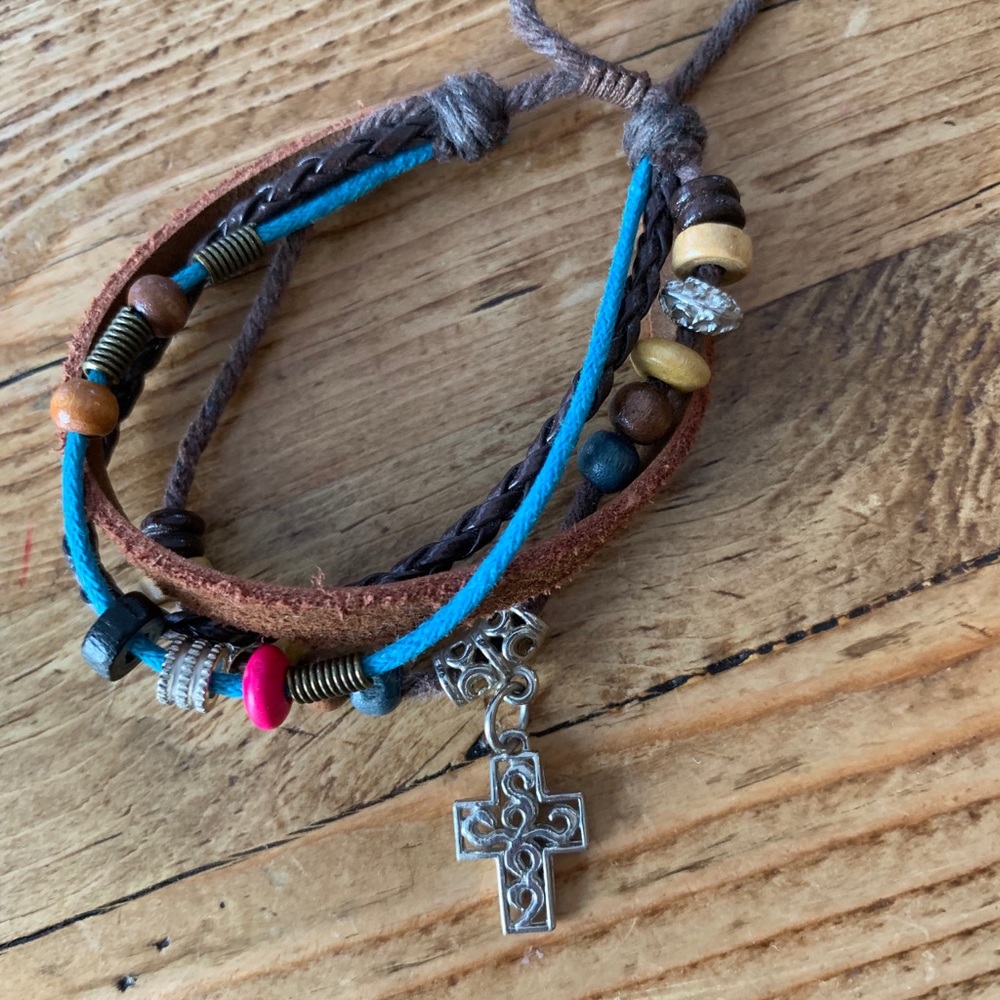 Adjustable Threaded Bracelet with Cross Charm